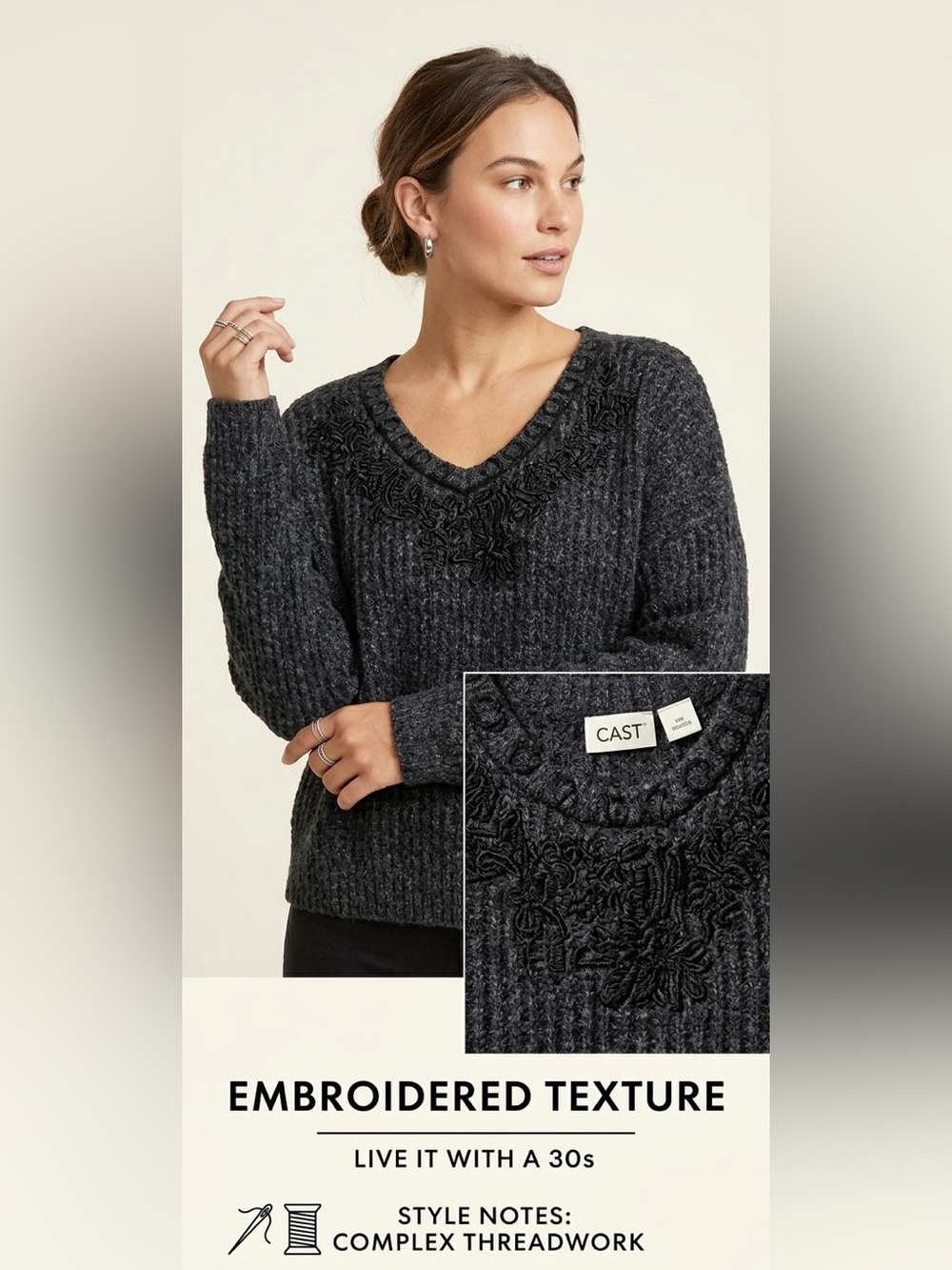 🖤 CATO LOOSE KNIT BLACK ON GREY SWEATER EMBROIDERED NECK BEAUTIFUL AND COMFY XL